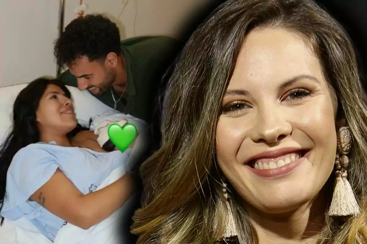 Jessica Bueno somrient en primer pla i al fons una parella en una habitació d’hospital amb una dona estirada en un llit sostenint un nadó cobert amb un emoji de cor verd mentre un home la mira amb tendresa, la parella és Asraf Beno, Isa Pantoja i el seu fill en comú, Cairo.