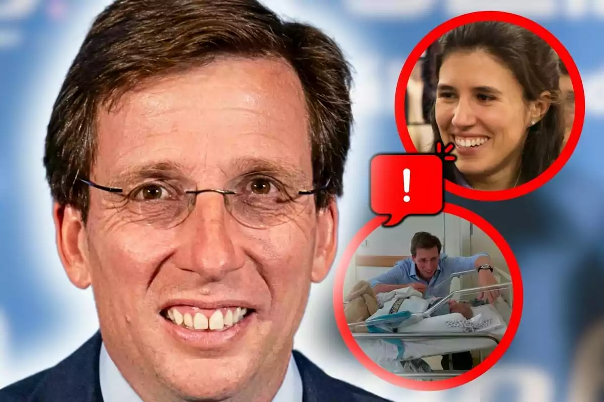 José Luis Martínez Almeida smiling in the foreground with two red circles on the right showing Teresa Urquijo smiling and an image of him next to a baby, who is his son, in a hospital crib.