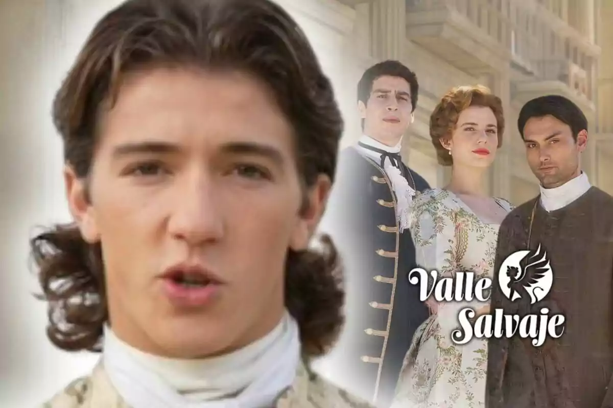 Jóvenes vestidos con ropa de época, uno de ellos el actor Julen Katzy que está en primer plano, posan frente a un edificio antiguo con el texto 'Valle Salvaje' en la imagen.
