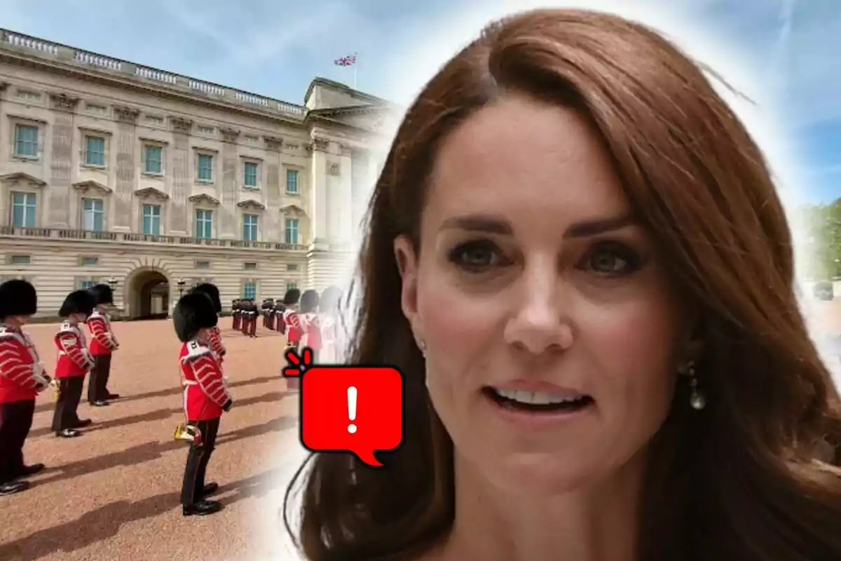 Kate Middleton aparece en primer plano con el Palacio de Buckingham y guardias británicos al fondo junto a un ícono de advertencia rojo.