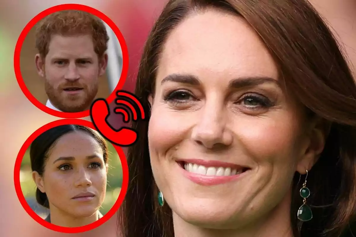 Muntatge de fotos de Kate Middleton en primer pla amb dues cares emmarcades en cercles vermells —que són el príncep Harry i Meghan Markle— i una icona de trucada telefònica entre ells.