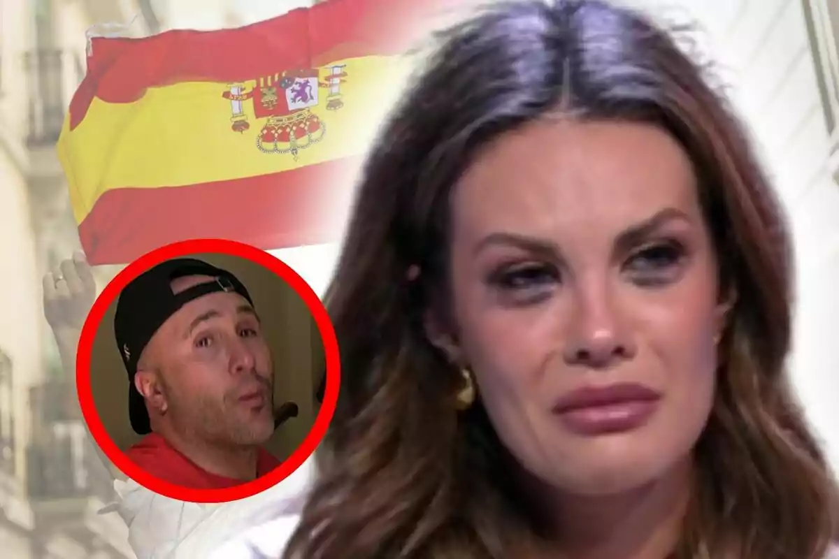 Jessica Bueno amb expressió trista en primer pla, bandera d’Espanya al fons i Kiko Rivera amb gorra dins d’un cercle vermell a la cantonada esquerra.