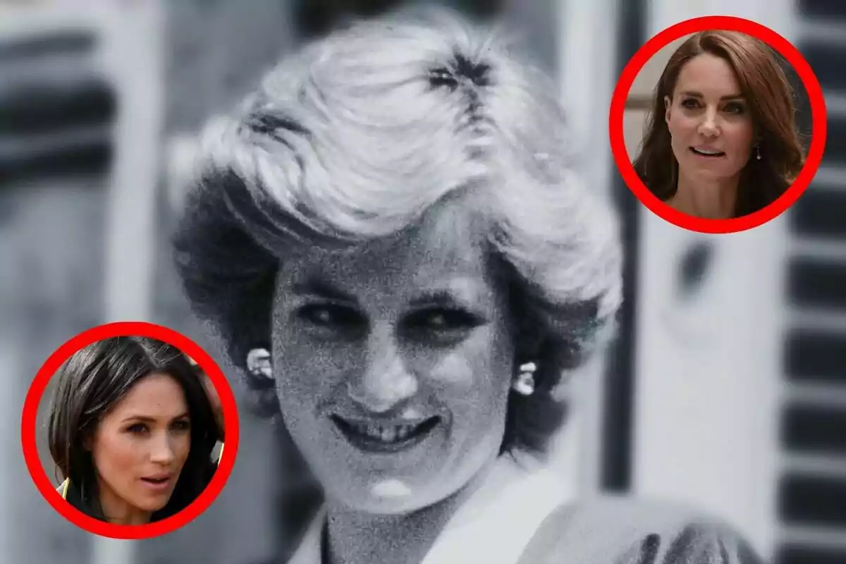 Muntatge de fotos en primer pla de la Lady Di, la Meghan Markle i la Kate Middleton.