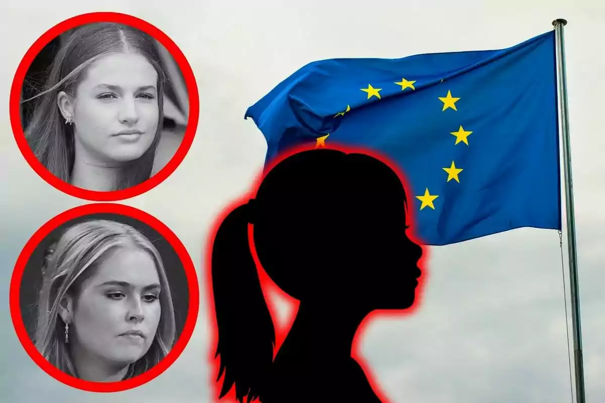 Dos retrats en blanc i negre de dones joves emmarcats en cercles vermells —que són Leonor de Borbó i Amàlia d’Holanda— al costat de la silueta d’una jove ressaltada en vermell sobre el fons d’una bandera de la Unió Europea onejant.