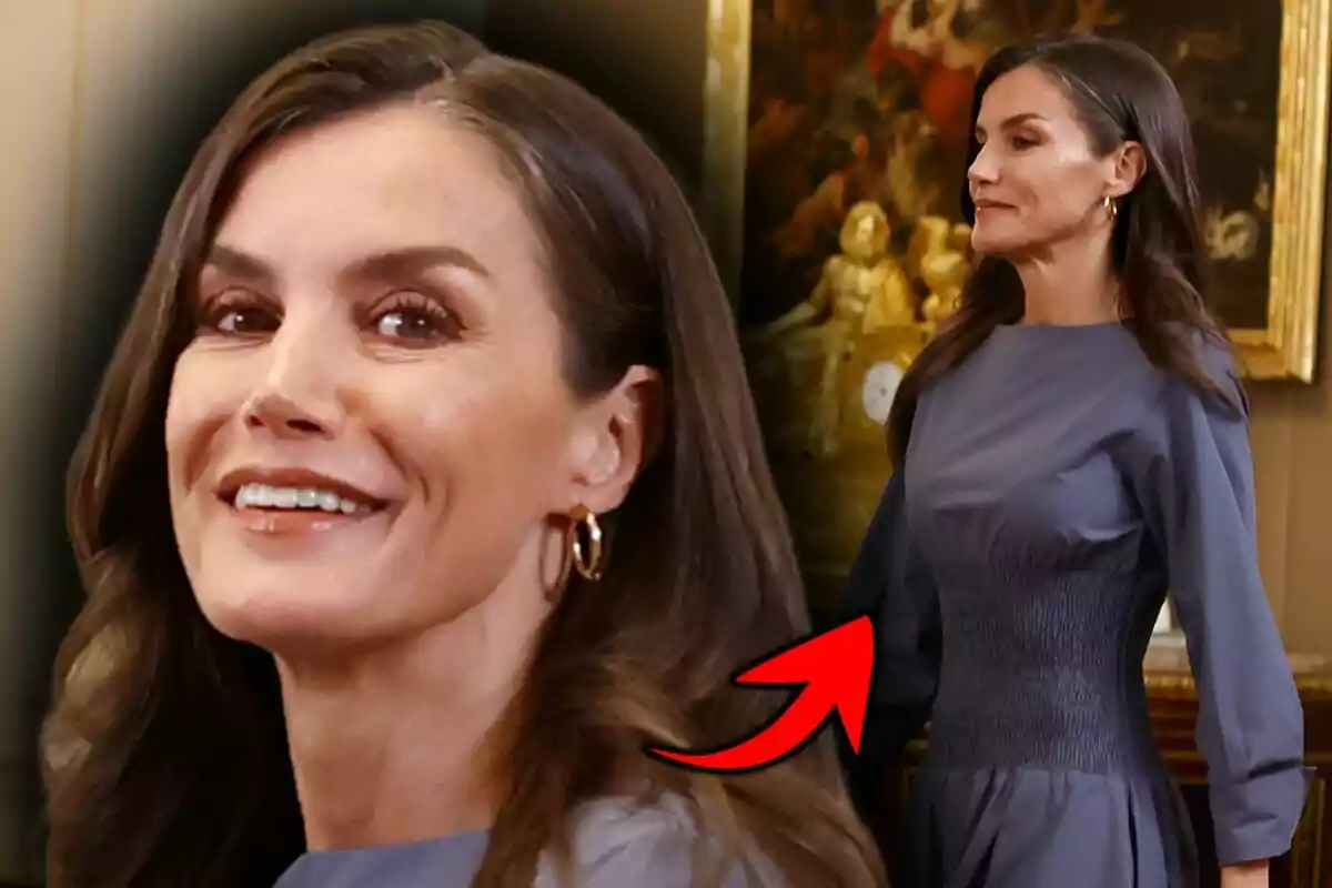 Letizia Ortiz wearing a gray dress and gold earrings, smiling in the foreground and in profile in the background, with a red arrow pointing to her waist.