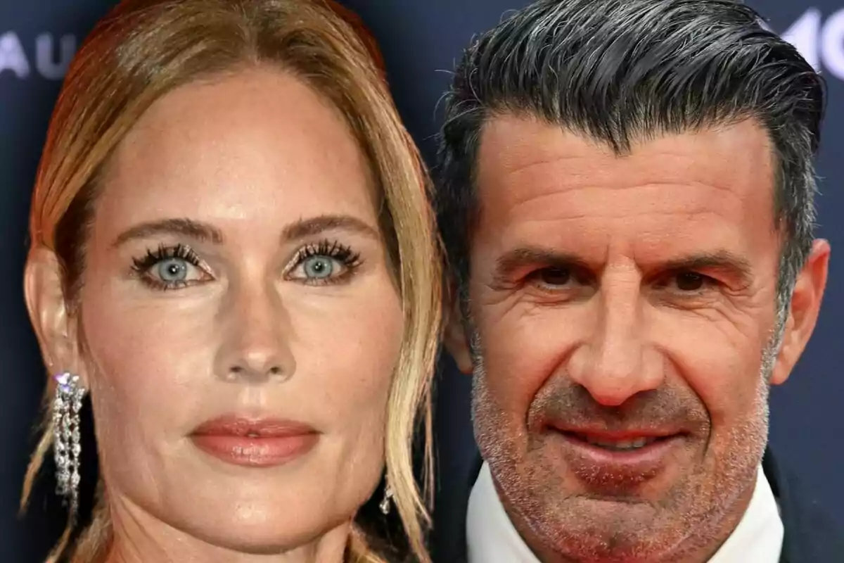 Primer pla de Helen Svedin amb arracades brillants i Luis Figo amb els cabells foscos i barba curta, tots dos mirant a la càmera.