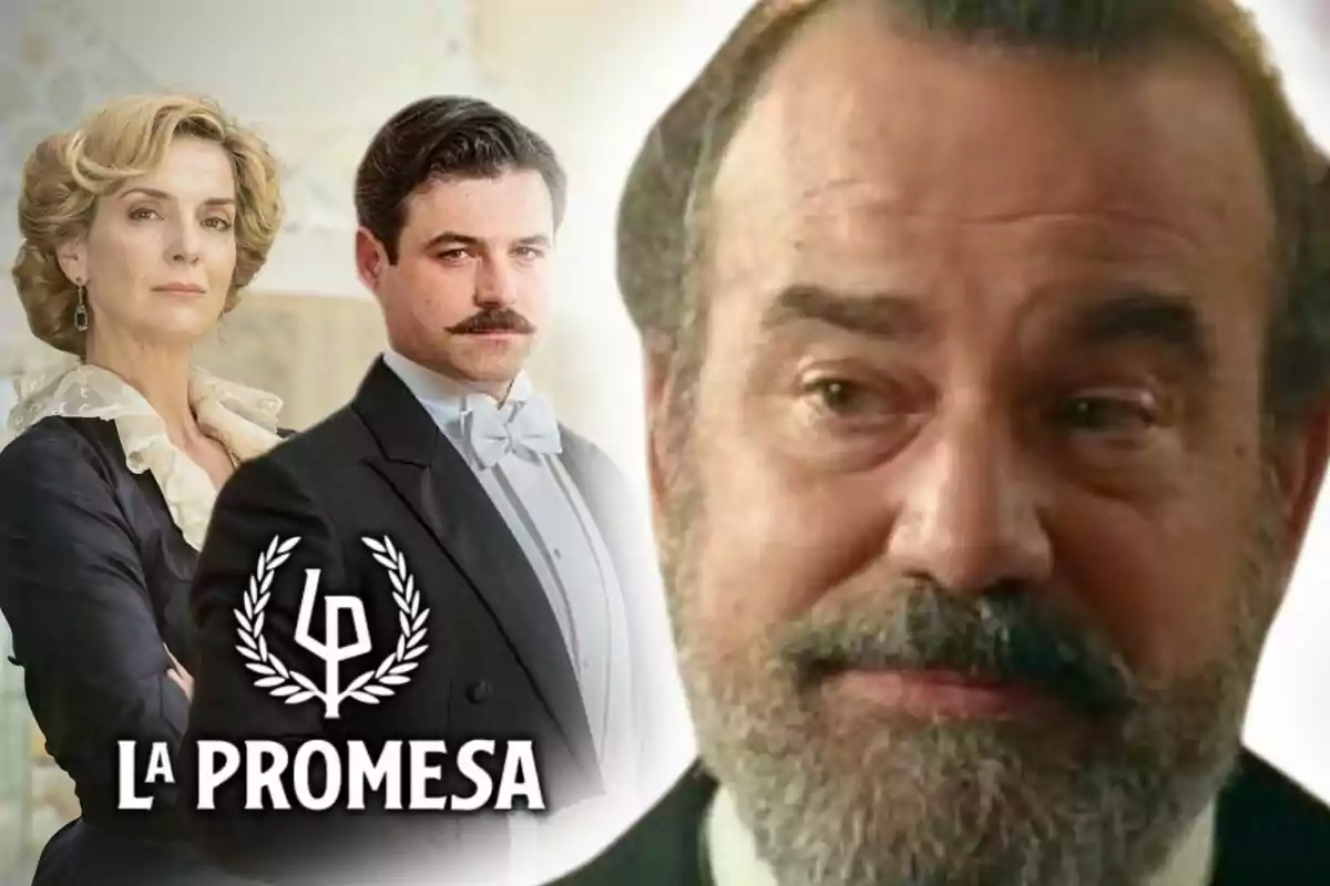 Tres personatges de la sèrie 'La Promesa' apareixen a la imatge, dos d'ells al fons amb vestimenta elegant i un en primer pla amb expressió seriosa, que és l'actor Manuel Regueiro.