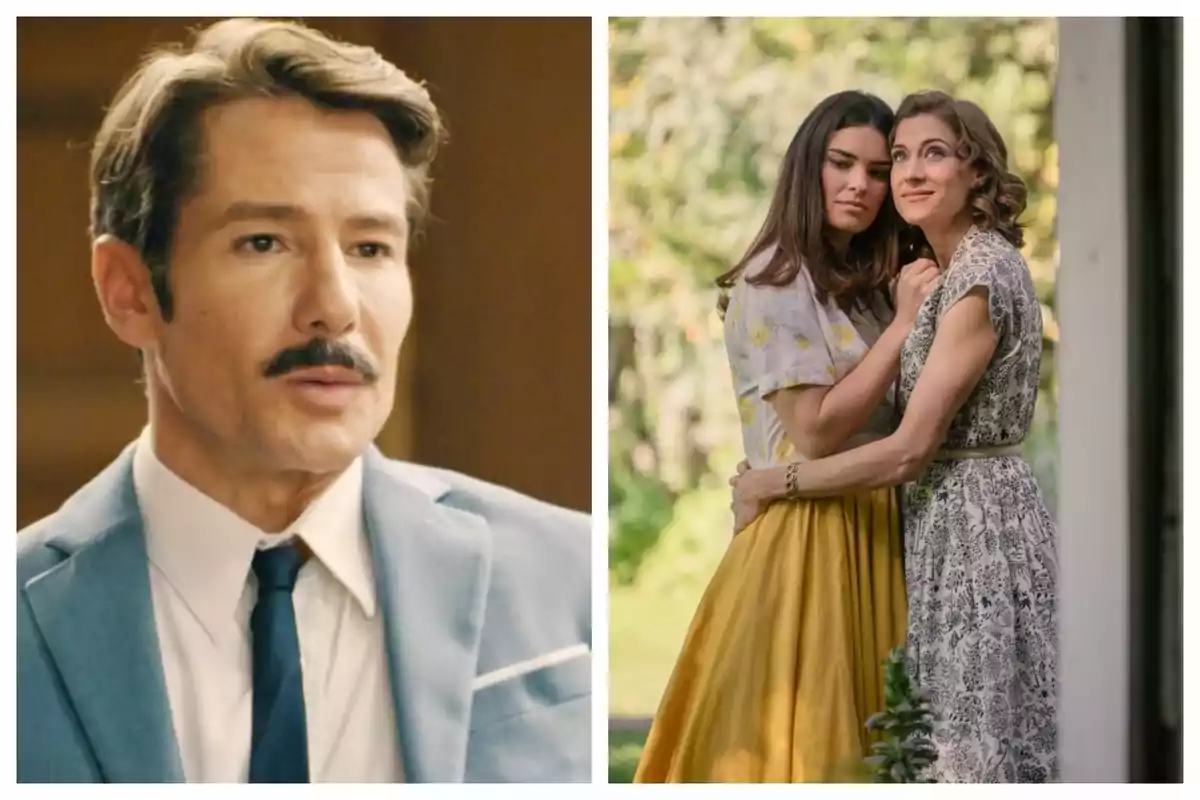 Muntatge de fotos d’un home amb bigoti i vestit blau clar a l’esquerra, que és l’actor Alejandro Albarracín, i dues dones abraçades en un jardí a la dreta, que són Marta Belmonte i Alba Brunet. Muntatge de fotos d’un home amb bigoti i vestit blau clar a l’esquerra, que és l’actor Alejandro Albarracín, i dues dones abraçades en un jardí a la dreta, que són Marta Belmonte i Alba Brunet.