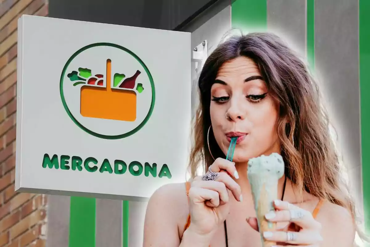 Montaje de fotos de una mujer que se come un helado mientras está frente a un letrero de Mercadona.