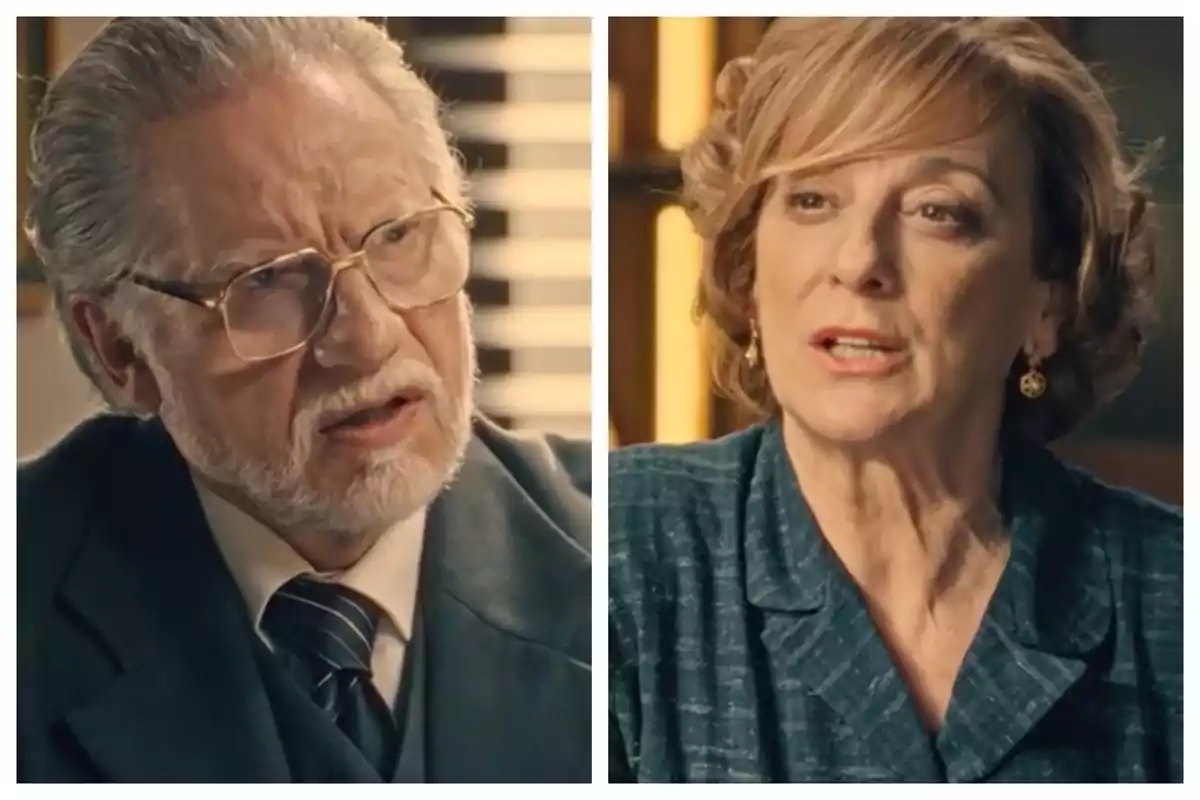 Dues persones grans, un home amb ulleres i barba canosa i una dona de cabell curt i ros, que són Nacho Novo i Ana Labordeta, tots dos vestits de manera formal i conversant en un ambient interior. Dues persones grans, un home amb ulleres i barba canosa i una dona de cabell curt i ros, que són Nacho Novo i Ana Labordeta, tots dos vestits de manera formal i conversant en un ambient interior.
