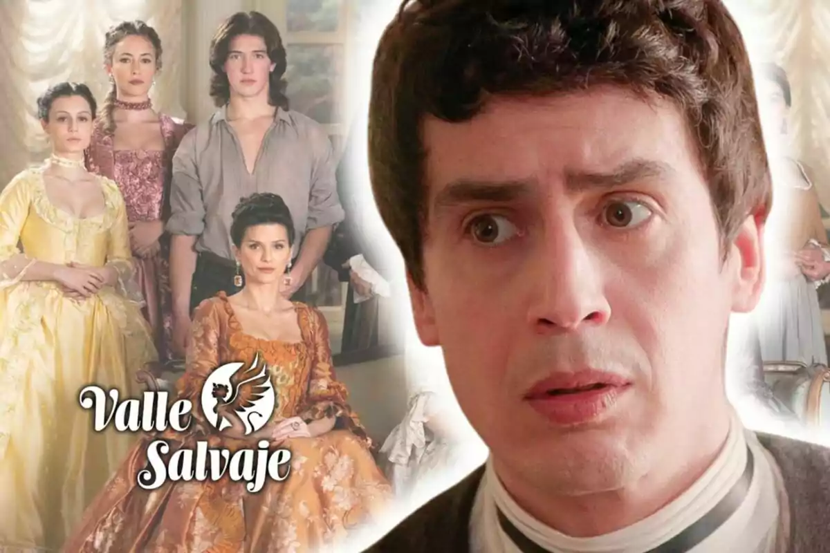 Nacho Olaizola con expresión preocupada en primer plano y al fondo un grupo de personas con vestimenta de época junto al logo de la serie 'Valle Salvaje'.
