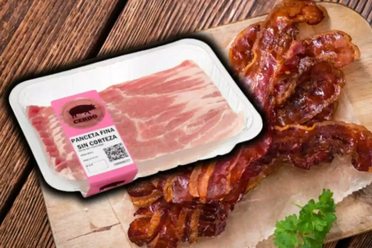 Safata de cansalada fina sense crosta de Mercadona al costat de tires de cansalada cuita sobre una taula de fusta. Safata de cansalada fina sense crosta de Mercadona al costat de tires de cansalada cuita sobre una taula de fusta.