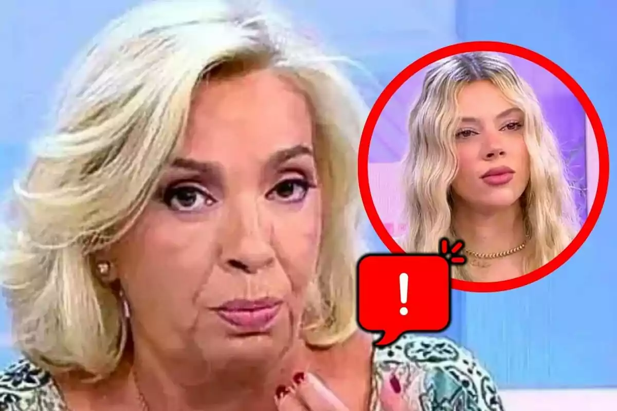 Carmen Borrego amb expressió seriosa en primer pla i una altra dona rossa, que és Alejandra Rubio, en un cercle vermell a la cantonada superior dreta al costat d’una icona d’advertència.