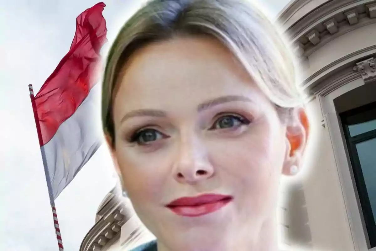 Muntatge de fotos en primer pla de Charlene de Mònaco amb rostre neutre i, de fons, una bandera de Mònaco.