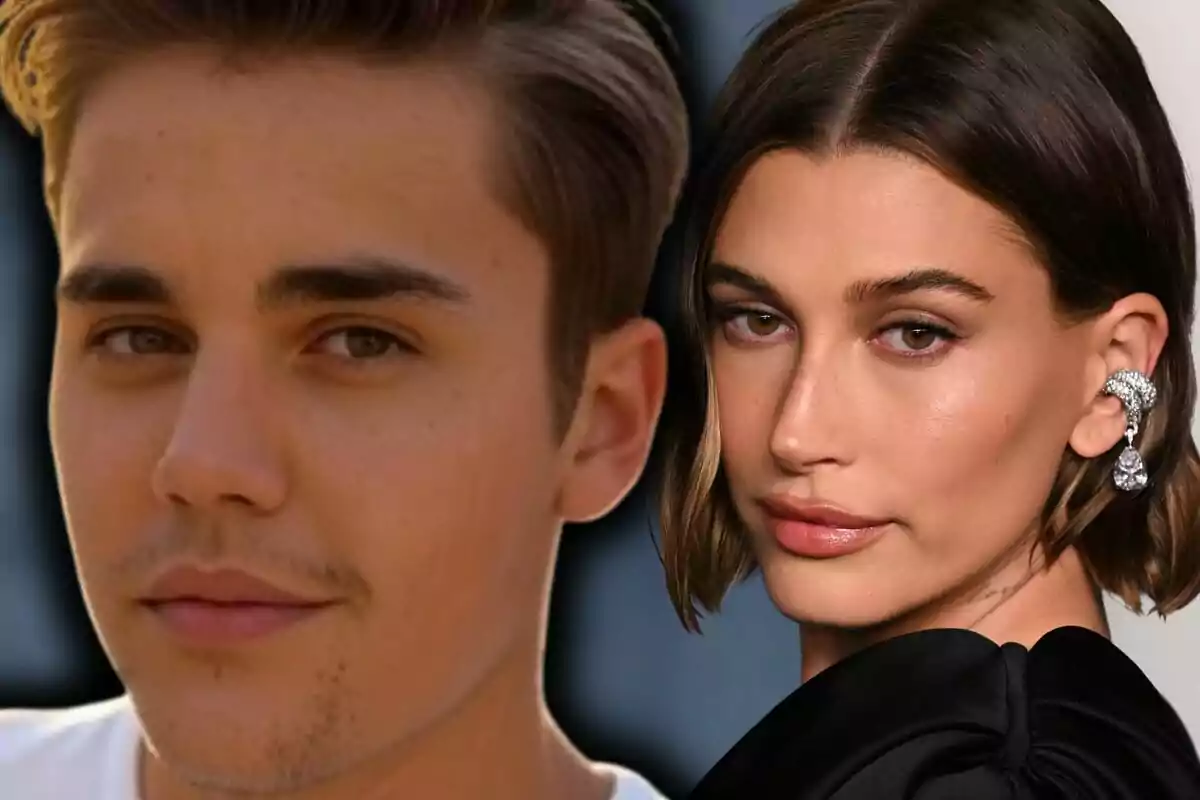 Muntatge de fotos en primer pla de Justin Bieber i Hailey Bieber, tots dos mirant cap a la càmera i amb rostre seriós.