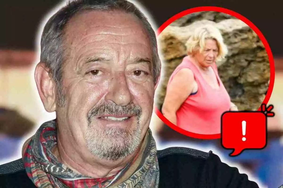 Karlos Arguiñano de cabello canoso y barba sonríe al frente mientras al fondo aparece Luisi Ameztoy con camiseta rosa dentro de un círculo rojo y un ícono de advertencia