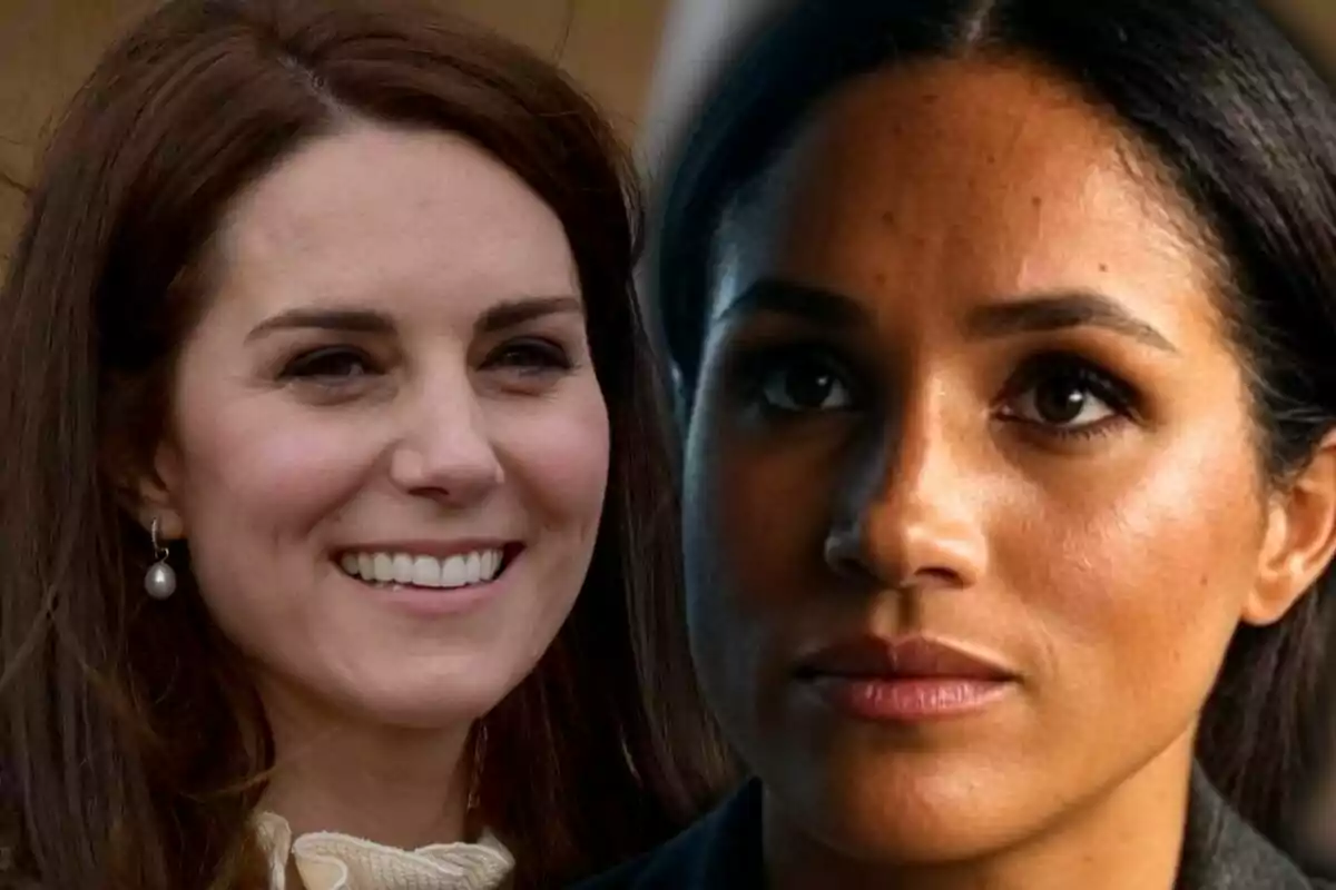 Close-up photo montage of a smiling Kate Middleton and a serious-faced Meghan Markle.