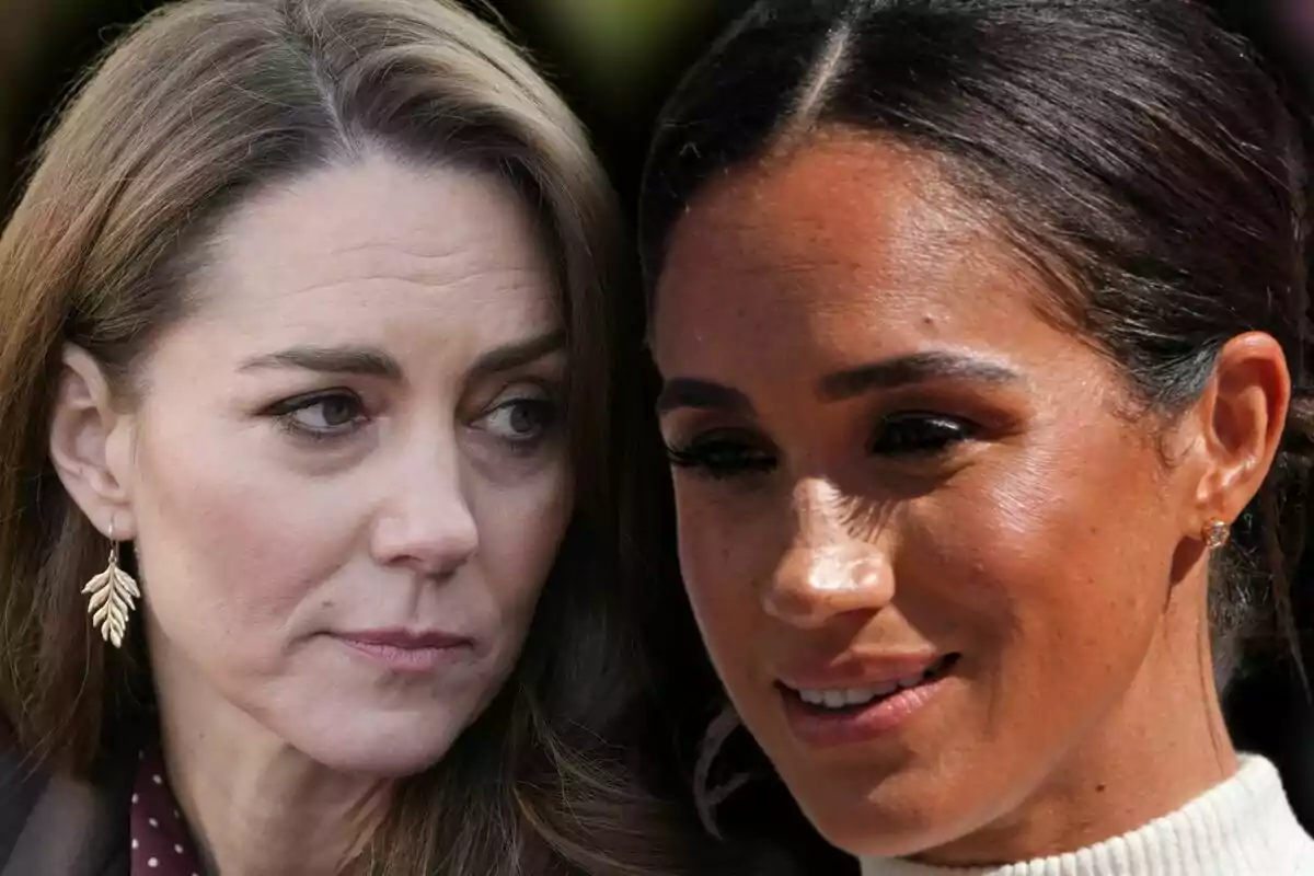 Muntatge de fotos en primer pla de Kate Middleton i Meghan Markle mirant en direccions oposades amb expressions serioses i fons desenfocat.