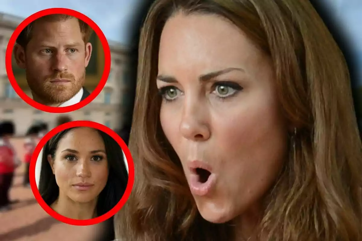 Kate Middleton amb expressió de sorpresa en primer pla i dues cares de persones emmarcades en cercles vermells al fons, que són el príncep Harry i Meghan Markle.