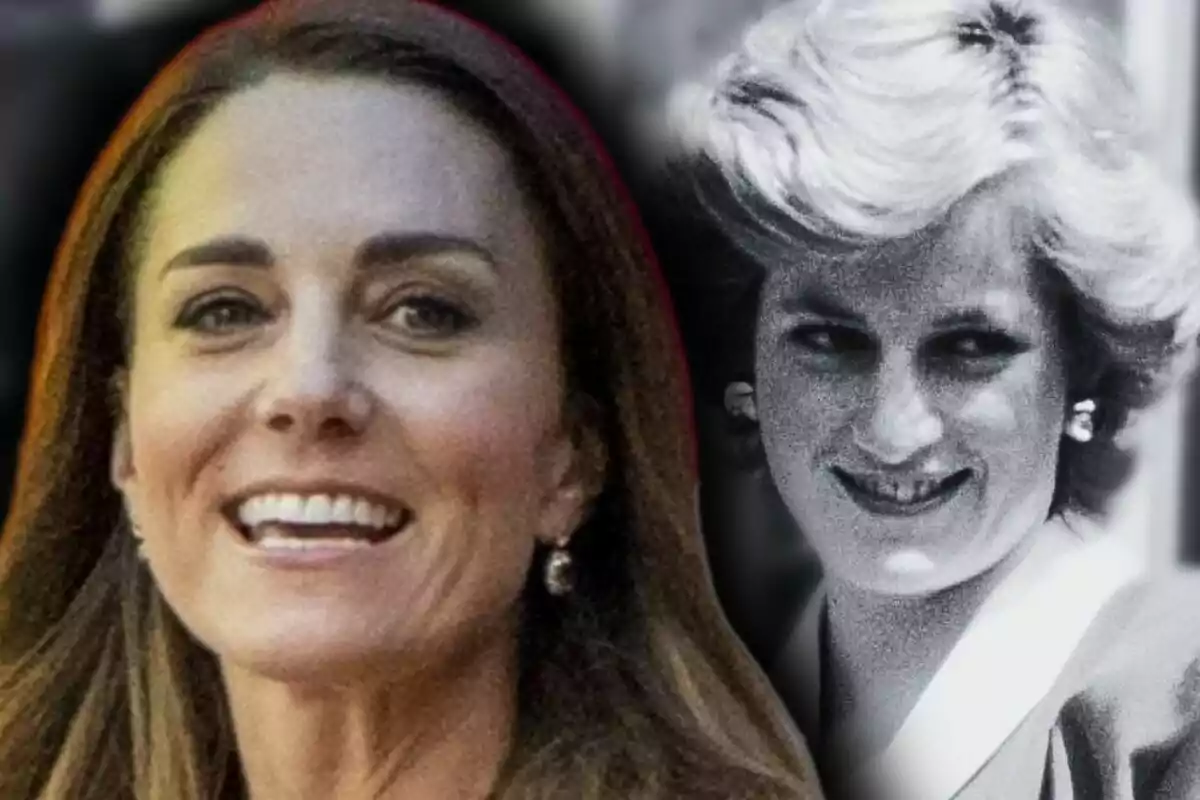 Close-up photo montage of a smiling Kate Middleton with Lady Di in black and white in the background.