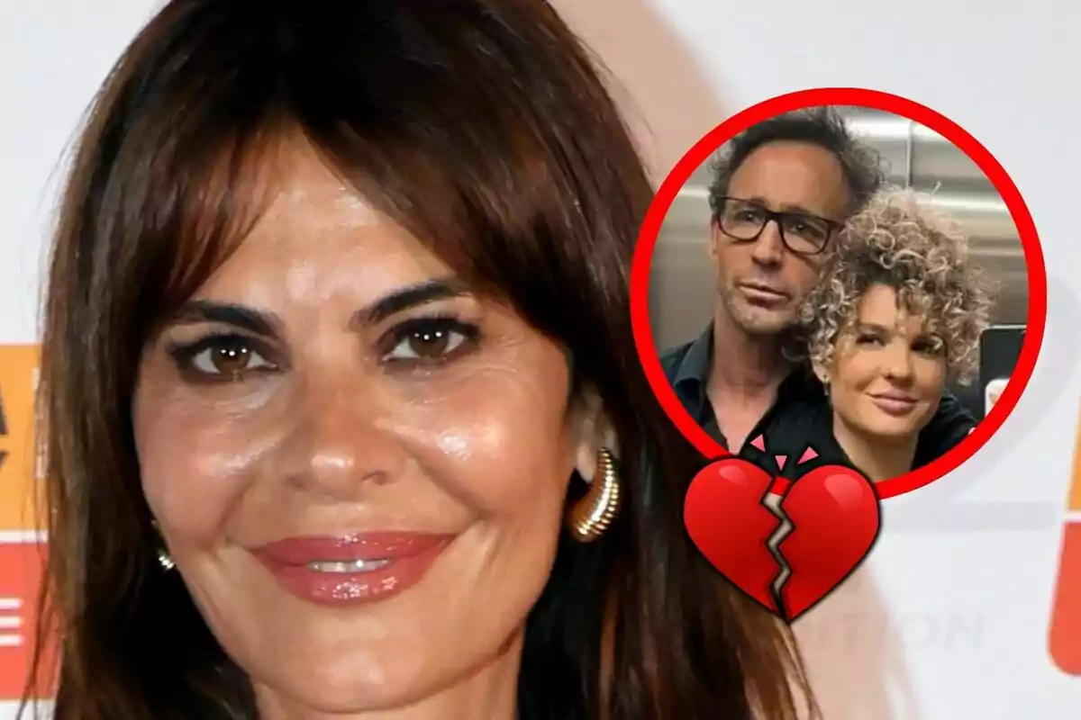 María José Suárez smiling in the foreground with a circle in the corner showing a couple—Álvaro Muñoz Escassi and Sheila Casas—and a broken heart drawn over the image.