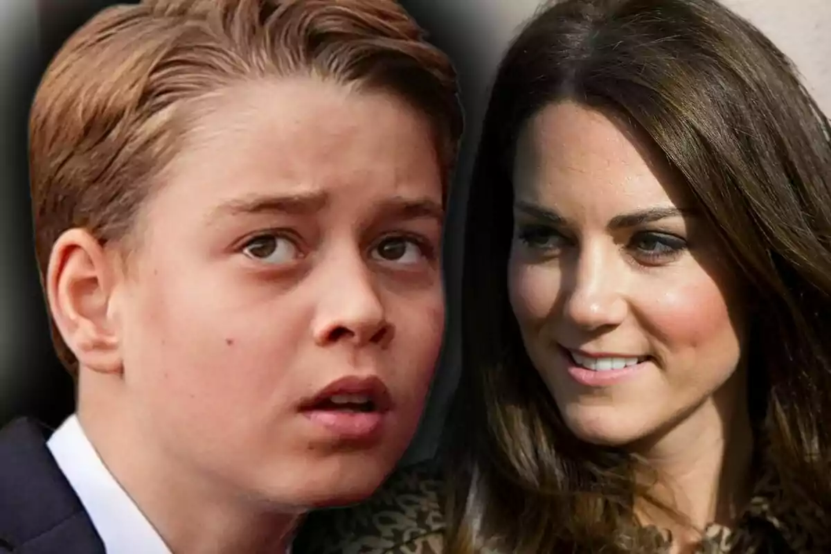 Close-up photo montage of a smiling Kate Middleton and a serious-faced Prince George.