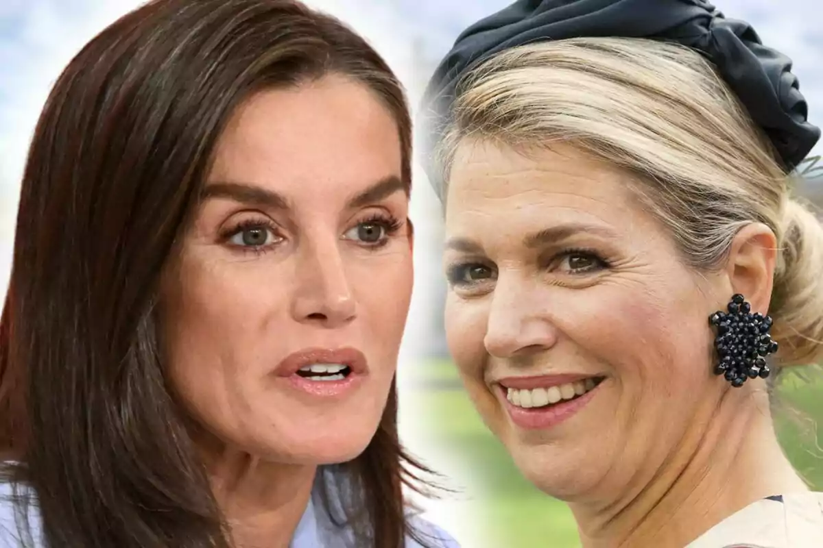 Photo montage of Queen Letizia Ortiz and Queen Máxima of the Netherlands in close-up, one with a serious expression and the other smiling, both with natural makeup and elegant accessories.