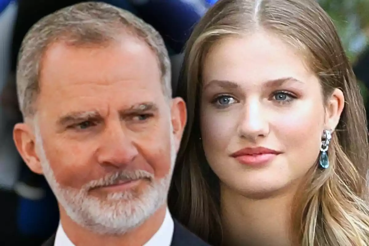 Muntatge de fotos en primer pla del rei Felip VI i de la Leonor de Borbó mirant en direccions oposades.