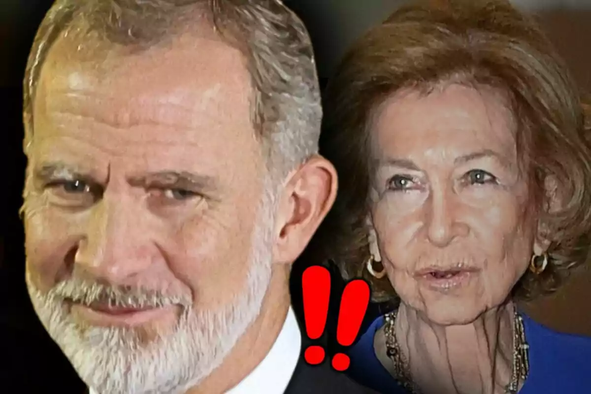 Primer plano de Felipe VI con barba canosa y una imagen de la reina Sofía al fondo, ambos mirando hacia el frente, con dos signos de exclamación rojos entre ellos.