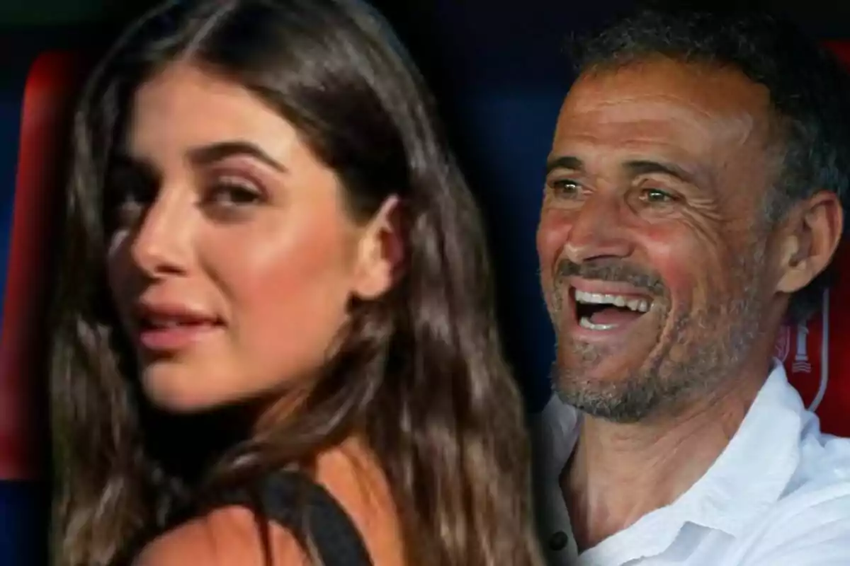 Close-up photo montage of Sira Martínez with a serious expression and Luis Enrique with a smiling face.