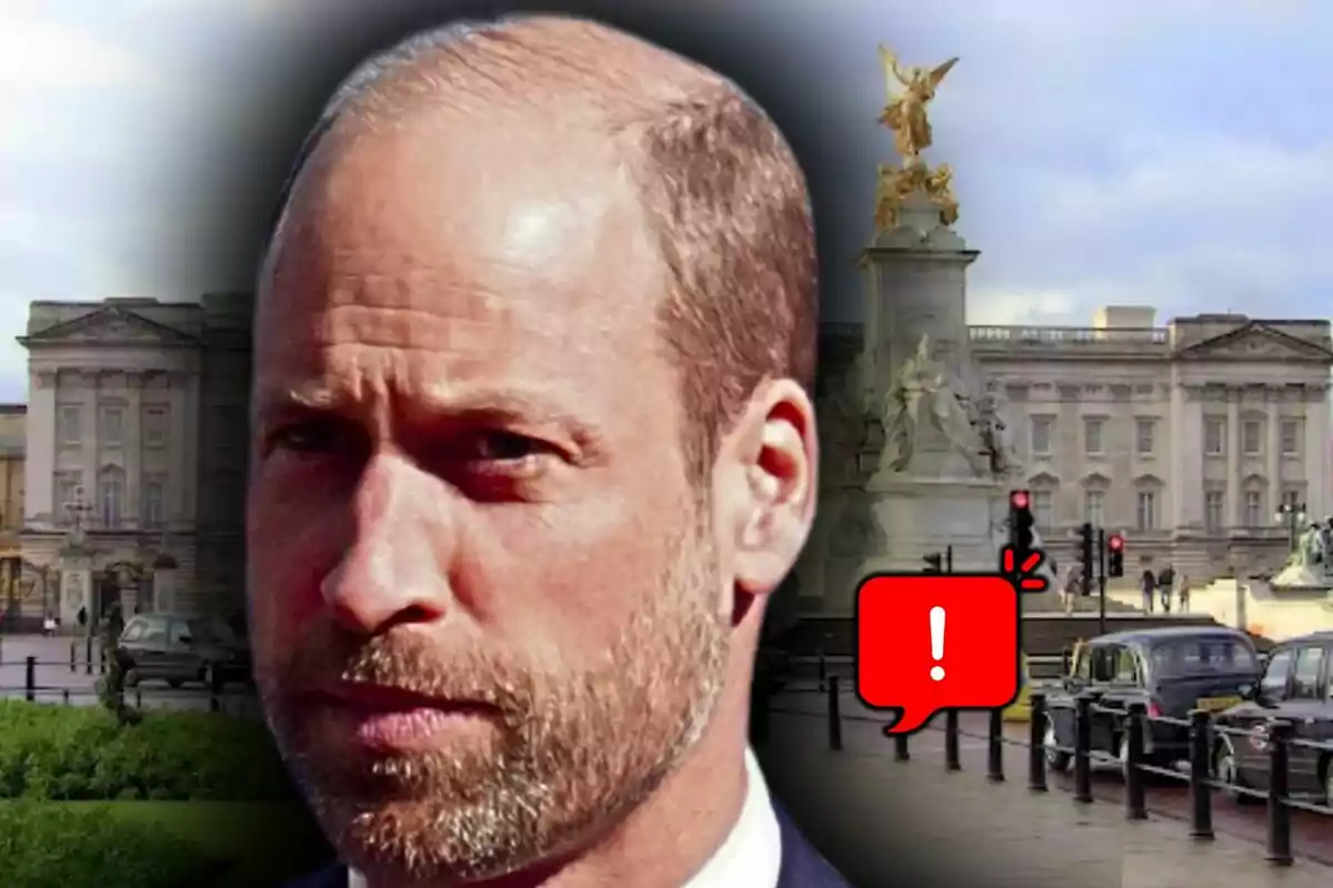 Muntatge de fotos del príncep Guillem amb rostre seriós davant del Palau de Buckingham amb una icona d’advertència a la imatge.
