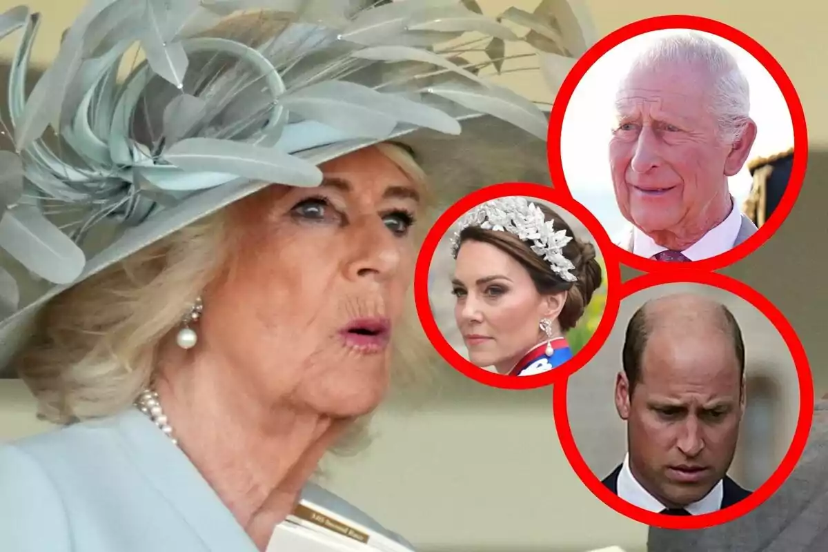 Muntatge de fotos de primer pla de la reina Camila Parker amb expressió seriosa en primer pla, acompanyada de tres retrats circulars d’altres persones emmarcats en vermell, que són Guillem, Kate i Carles III.