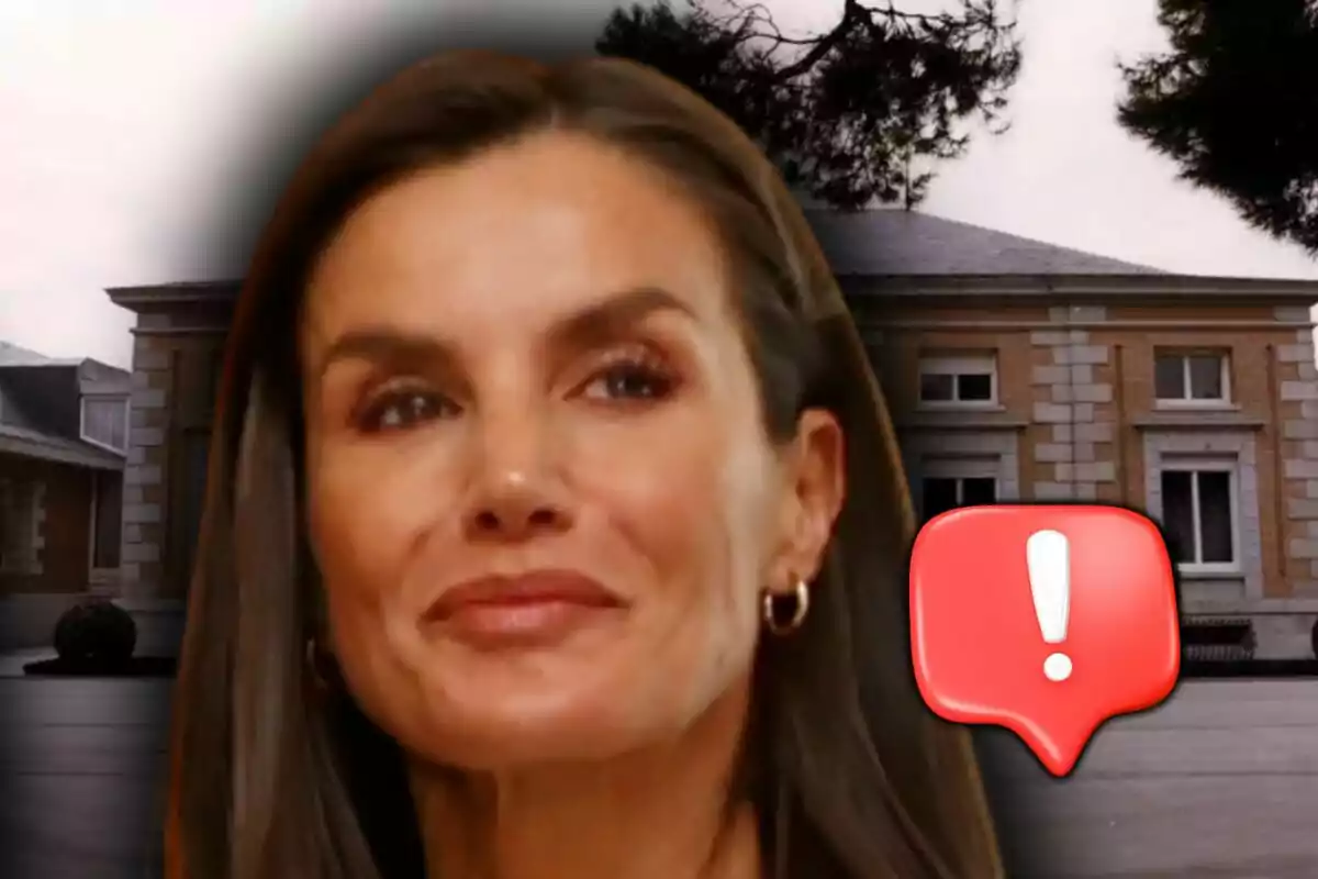 Muntatge de fotos de la reina Letícia amb el palau de la Zarzuela de fons i un emoji d’exclamació de color vermell.