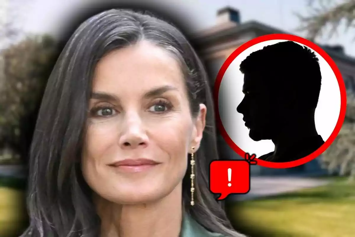 Letícia Ortiz en primer pla amb un cercle vermell que conté la silueta d’un home i una icona d’exclamació sobre un fons exterior desenfocat.