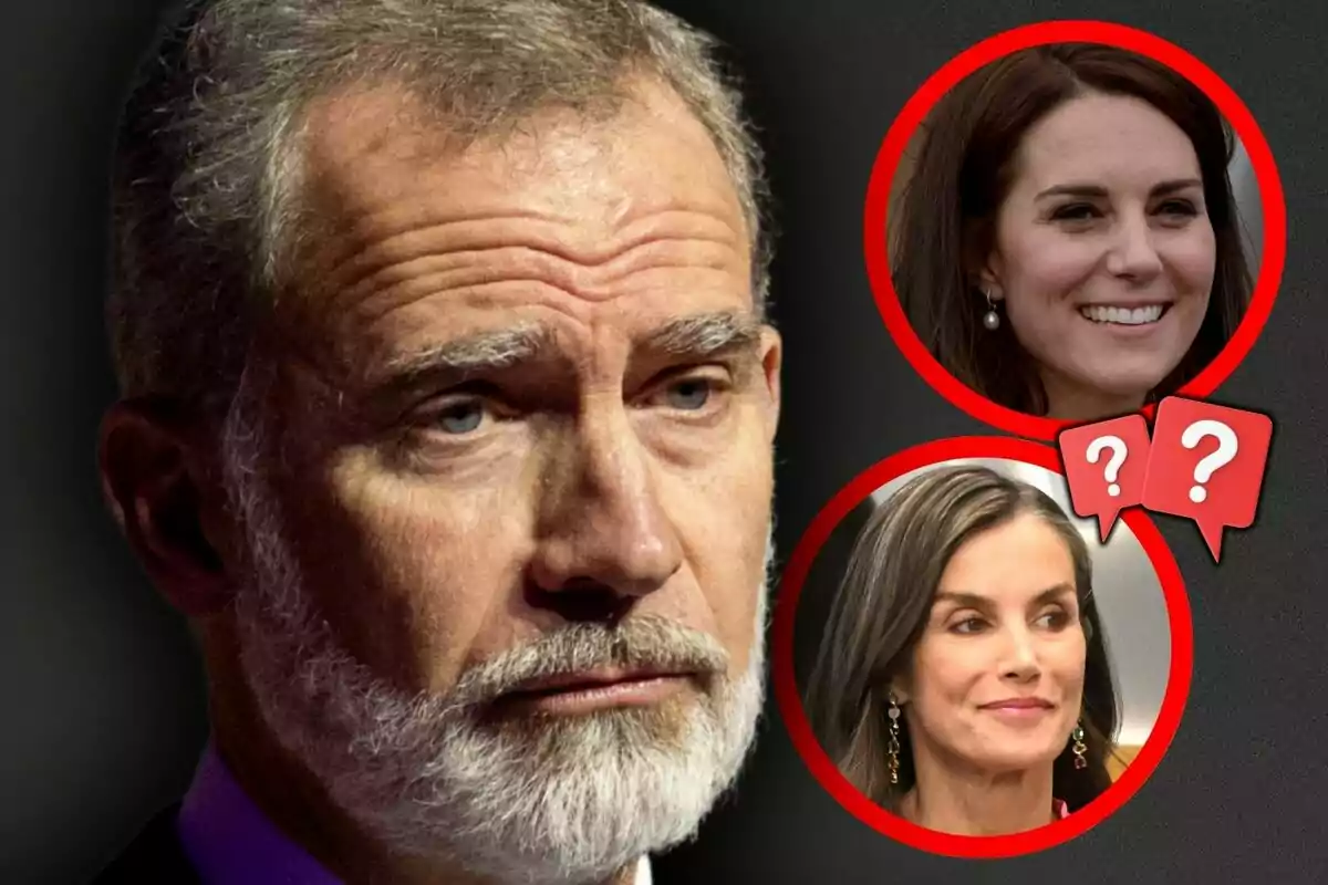 Muntatge de fotos del rei Felip de Borbó amb expressió seriosa en primer pla i dues dones en cercles vermells, que són la Kate Middleton i la reina Letícia Ortiz, amb signes d’interrogació a la cantonada superior dreta.