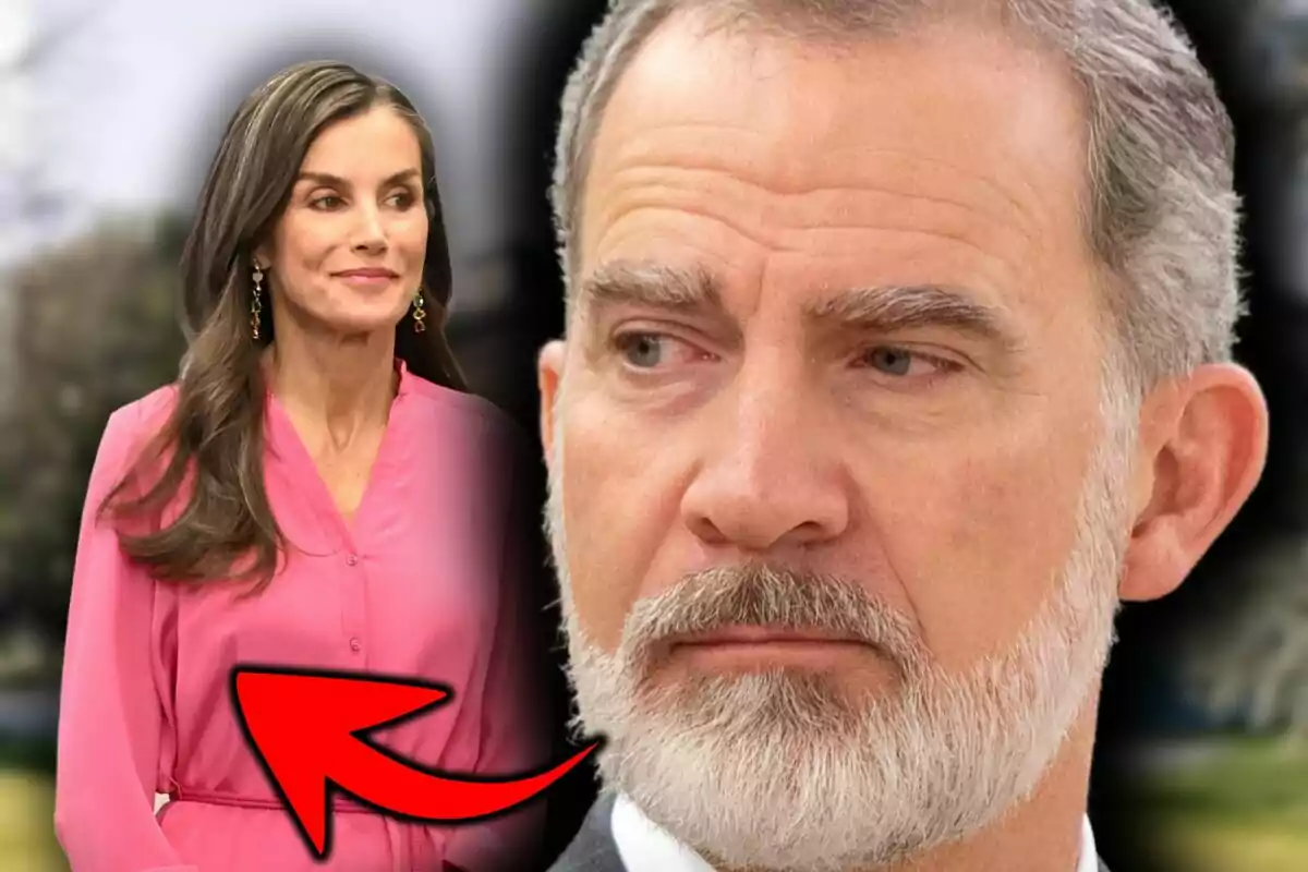 Letícia Ortiz amb vestit rosa i el rei Felip amb barba canosa apareixen en primer pla, amb una fletxa vermella que la assenyala a ella.
