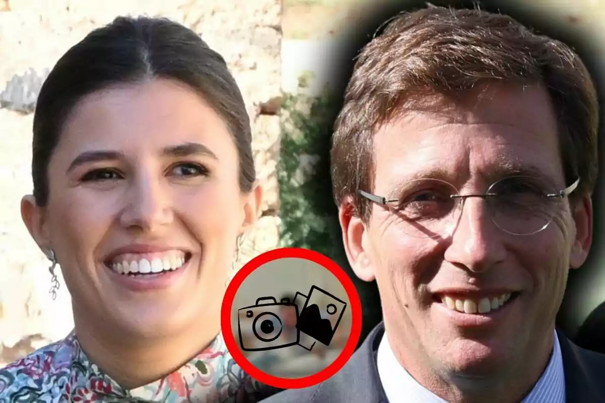 Teresa Urquijo sonriente junto a José Luis Martínez Almeida con gafas y traje, ambos en primer plano, con un icono de cámara y fotos enmarcado en un círculo rojo en el centro de la imagen.