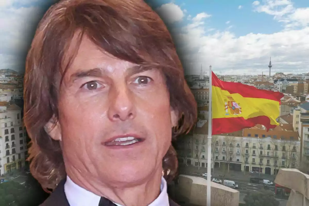 Close-up of Tom Cruise with brown hair and a city background featuring a waving Spanish flag. Close-up of Tom Cruise with brown hair and a city background featuring a waving Spanish flag.