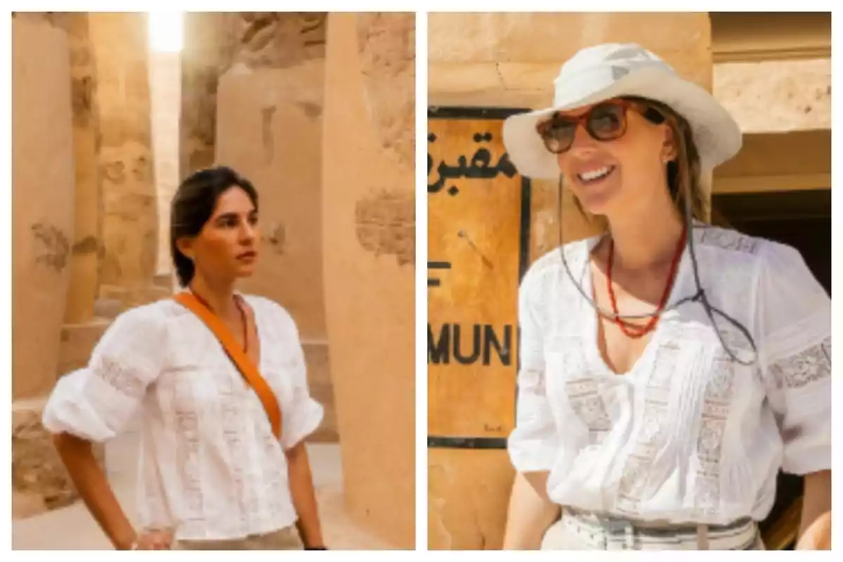 Dos imágenes de Lourdes Montes con blusa blanca de manga tres cuartos y detalles bordados visitan un sitio arqueológico de aspecto desértico, en una de ellas lleva sombrero y gafas de sol mientras sonríe, en la otra observa el entorno con expresión seria. Dos imágenes de Lourdes Montes con blusa blanca de manga tres cuartos y detalles bordados visitan un sitio arqueológico de aspecto desértico, en una de ellas lleva sombrero y gafas de sol mientras sonríe, en la otra observa el entorno con expresión seria.