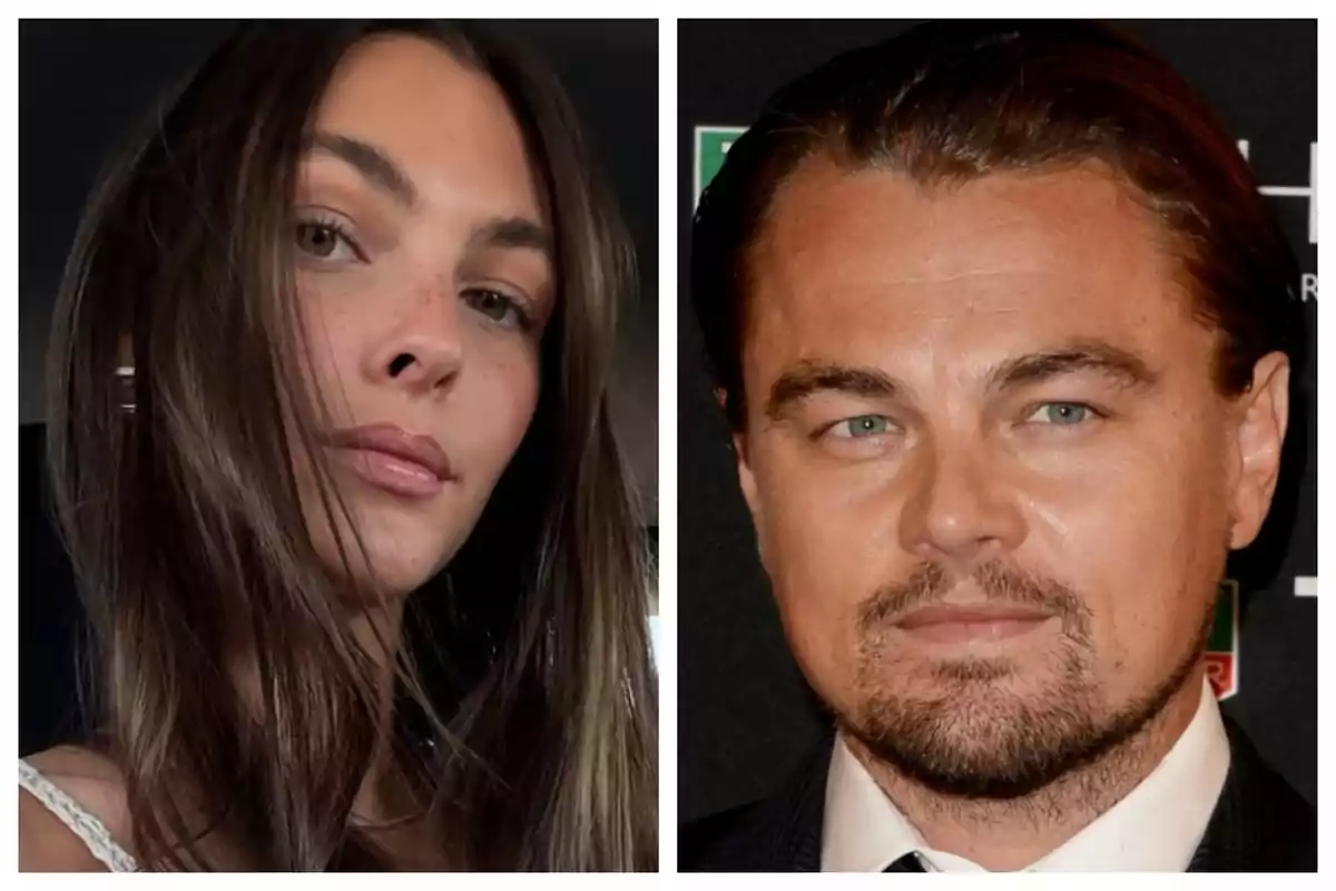 Dos personas posando en primer plano, una mujer a la izquierda y un hombre a la derecha que son Vittoria Ceretti y Leonardo Di Caprio. Dos personas posando en primer plano, una mujer a la izquierda y un hombre a la derecha que son Vittoria Ceretti y Leonardo Di Caprio.