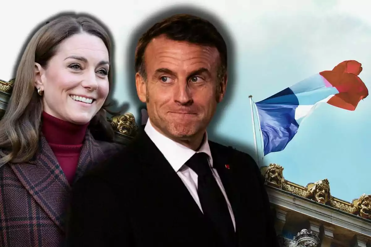 Kate Middleton sonriente y Emmanuel Macron con expresión seria aparecen en primer plano con una bandera de Francia ondeando al fondo sobre un edificio ornamentado