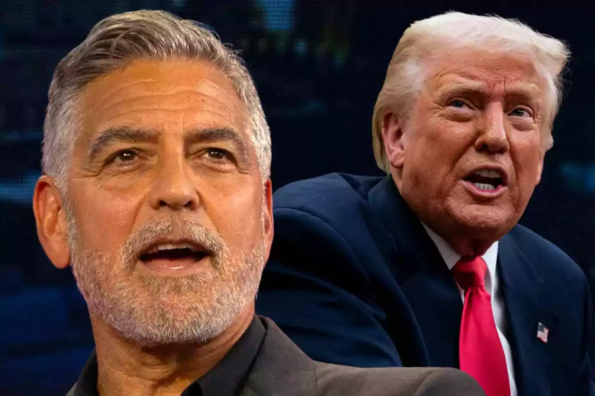 George Clooney i Donald Trump, tots dos amb expressió seriosa, un amb barba i l’altre amb vestit i corbata vermella, posen davant d’un fons fosc.