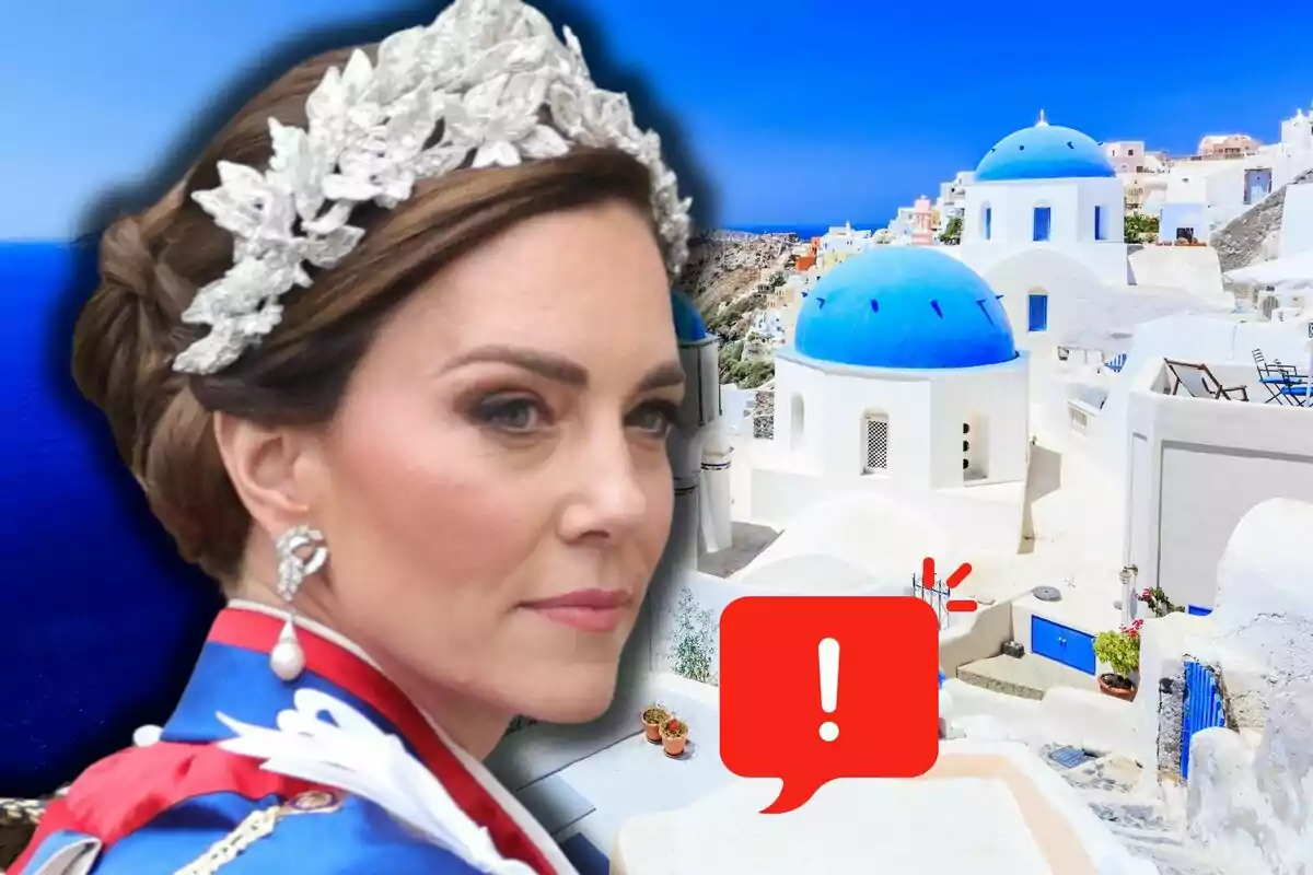 Kate Middleton amb corona i vestit elegant en primer pla, al fons cases blanques amb cúpules blaves típiques de Santorini i una icona d’advertència vermella