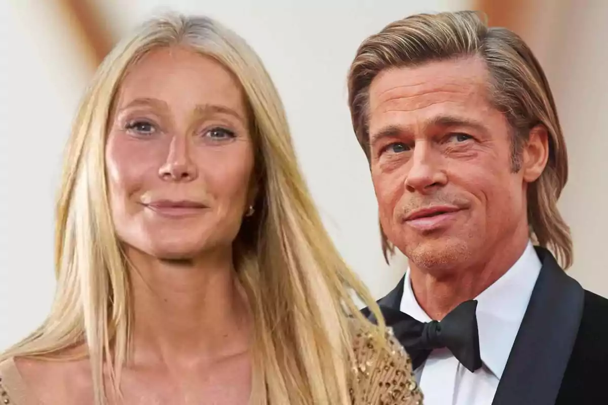 Gwyneth Paltrow i Brad Pitt posen junts davant d’un fons clar