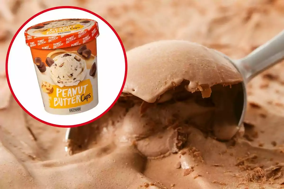 Gelat de crema de cacauet amb trossets de xocolata i envàs de Peanut Butter Cups de Hacendado destacat en un cercle vermell