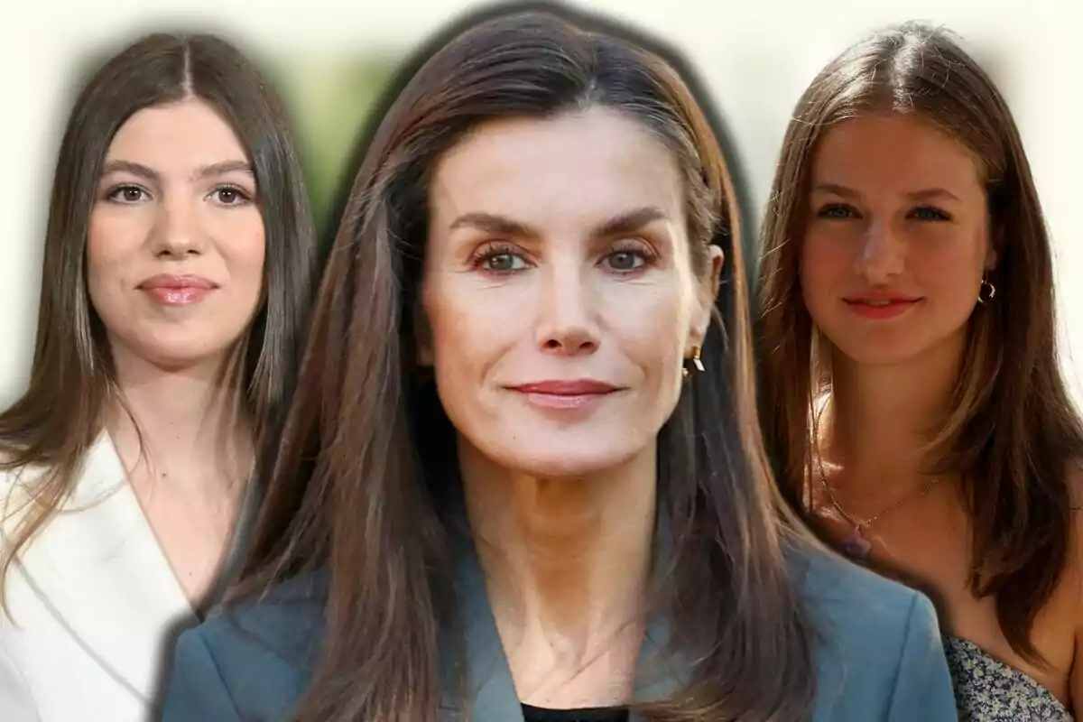 La infanta Sofia, la reina Letícia i la princesa Leonor posen mirant a la càmera amb expressions serenes sobre un fons clar difuminat.