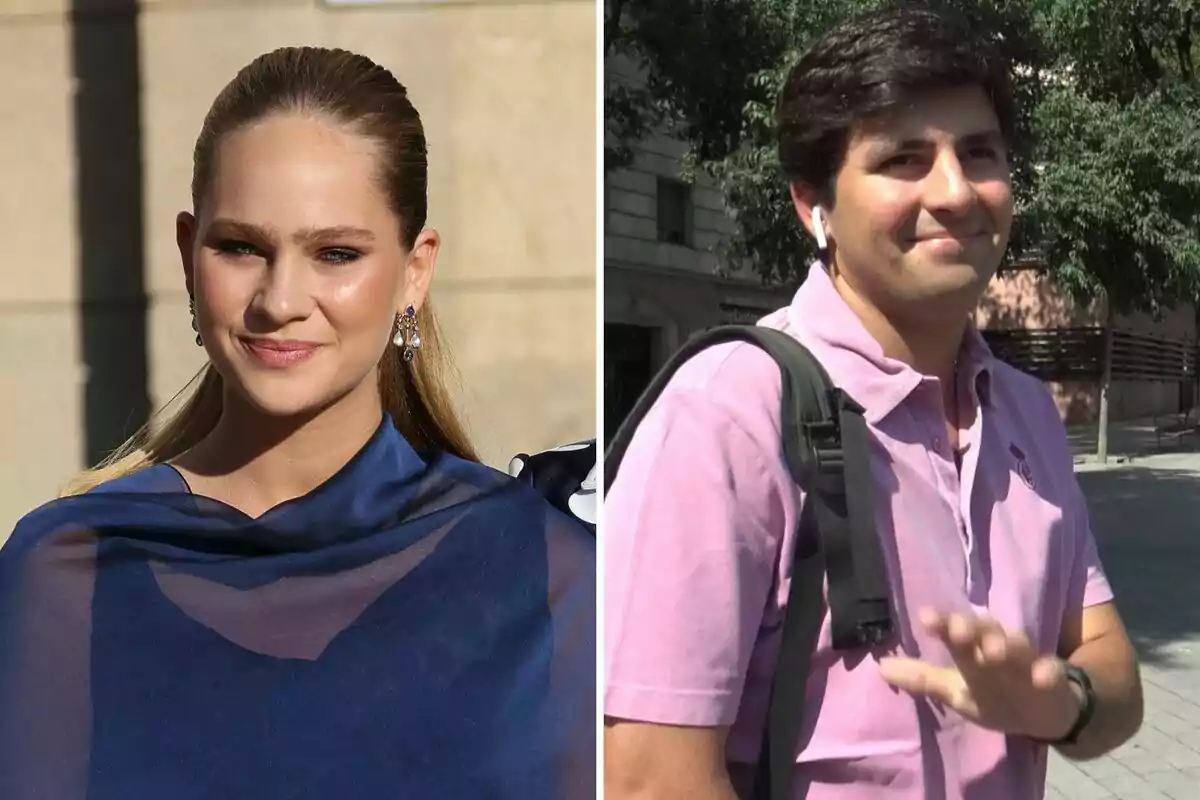 Irene Urdangarin amb vestit blau somriu davant d’una paret i Juan Urquijo amb camisa rosa i motxilla saluda en un carrer amb arbres. Irene Urdangarin amb vestit blau somriu davant d’una paret i Juan Urquijo amb camisa rosa i motxilla saluda en un carrer amb arbres.
