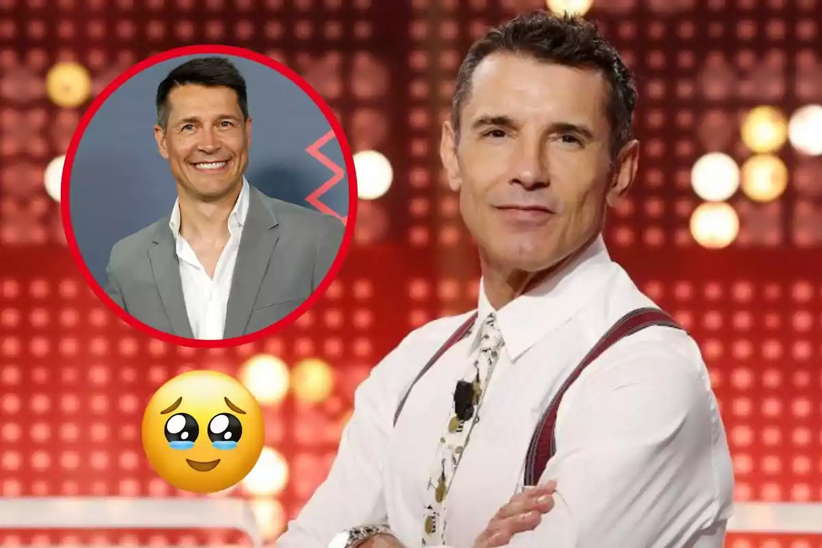 Montaje con Jesús Vázquez, con camisa blanca y tirantes posando frente a un fondo de luces rojas; Jaime Cantizano, sonriente dentro de un círculo rojo; y un emoticono emocionado con lágrimas en los ojos