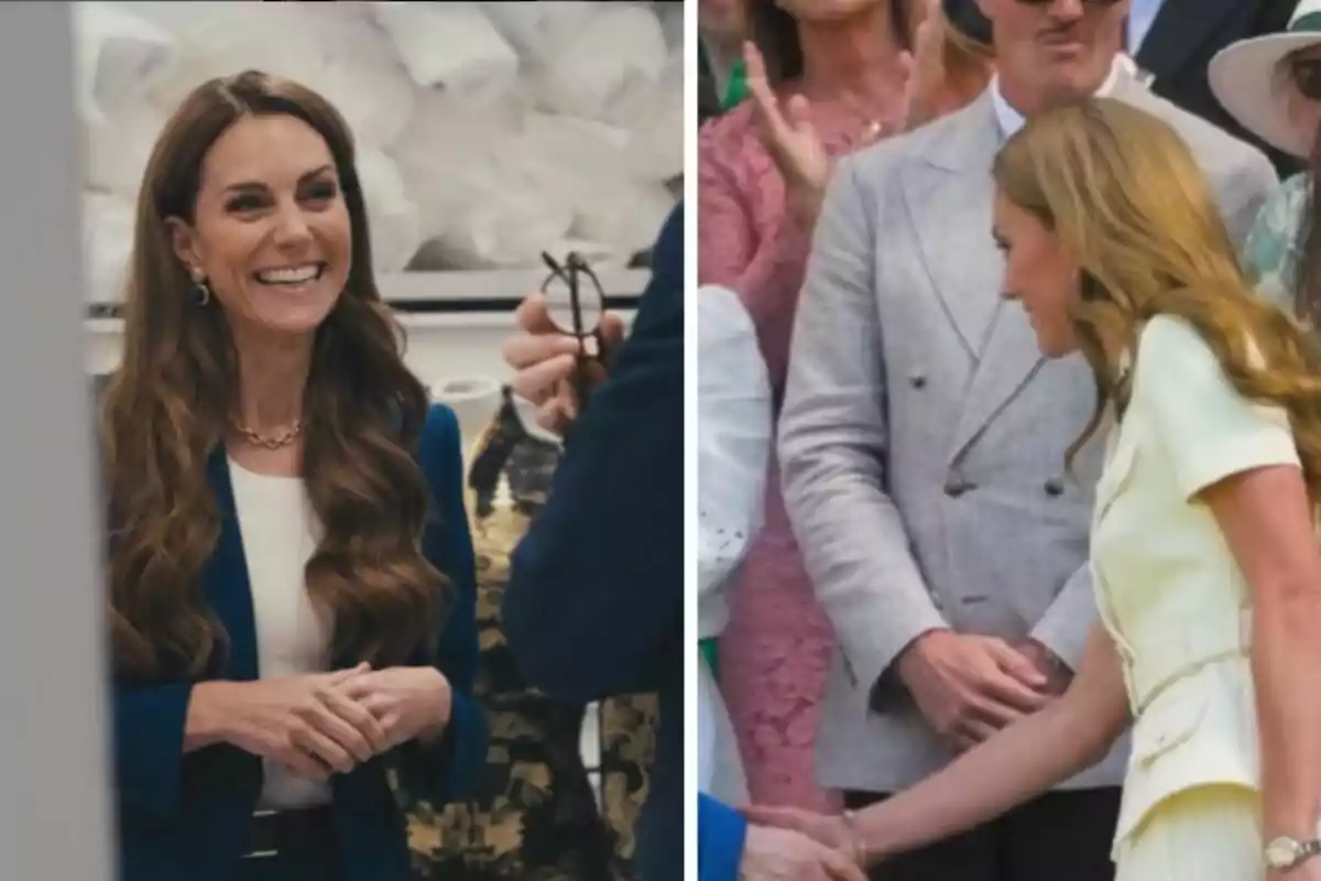 Dona de cabell llarg i castany somriu en un entorn social i en una altra imatge saluda algú en un esdeveniment formal envoltada de persones elegantment vestides. Dona de cabell llarg i castany somriu en un entorn social i en una altra imatge saluda algú en un esdeveniment formal envoltada de persones elegantment vestides.