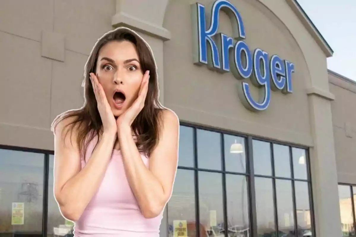 Woman with a surprised expression in front of a Kroger store